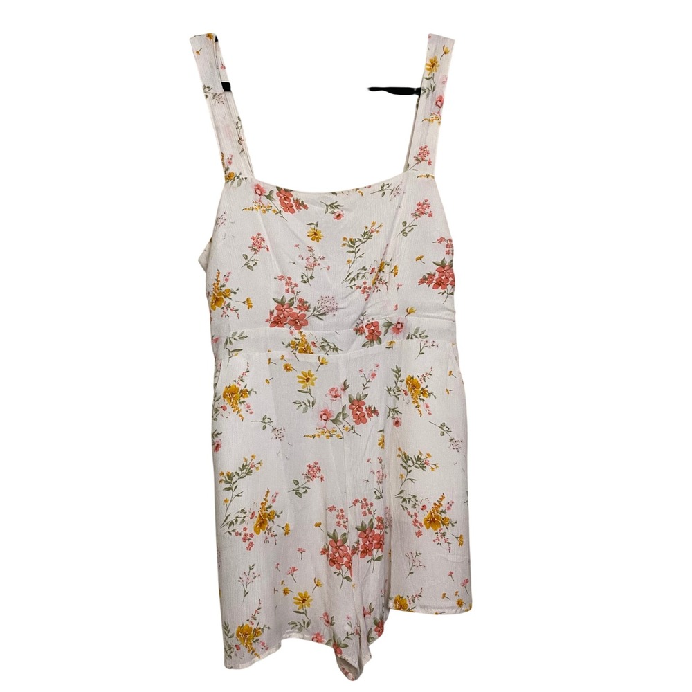Forever 21 Women White Floral Rayon Romper Sleeveless Pockets Large